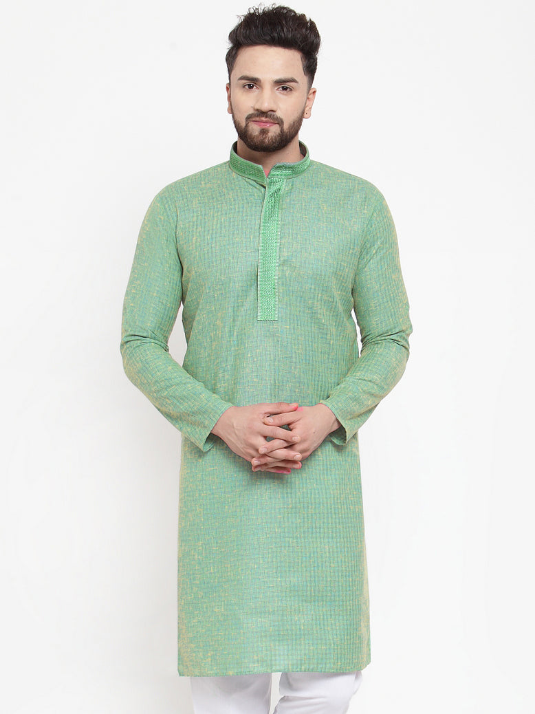 Jompers Men Sea Green & White Embroidered Kurta Only - Distacart