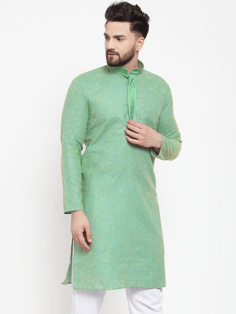 Jompers Men Sea Green & White Embroidered Kurta Only - Distacart