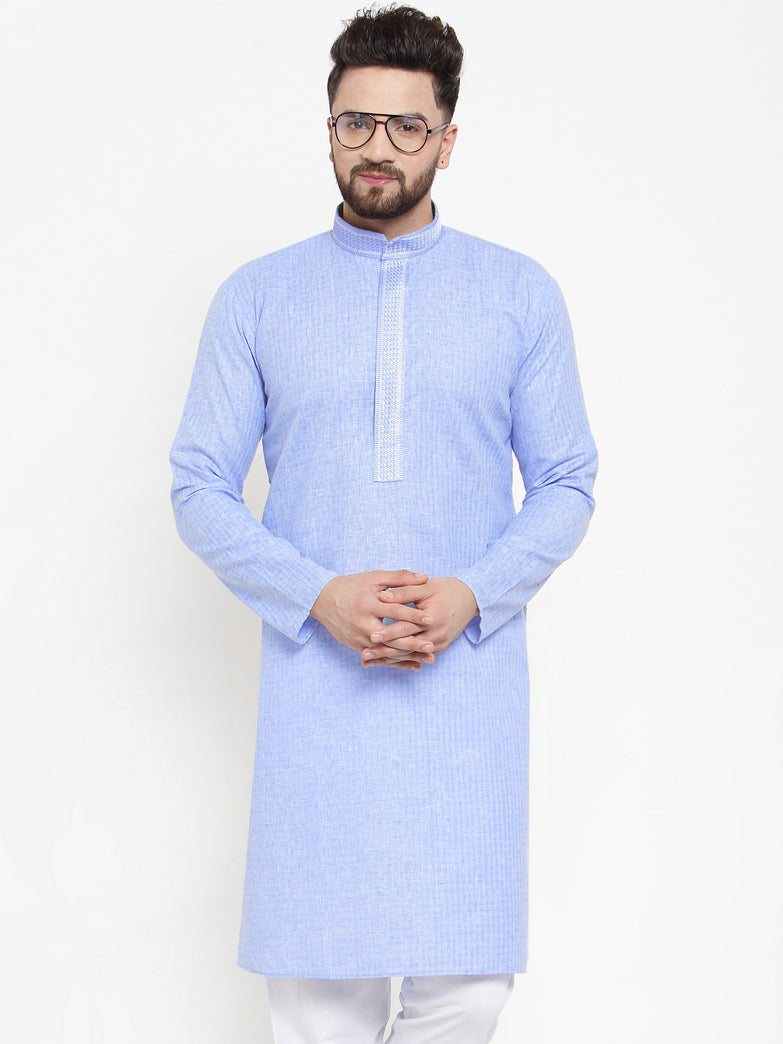 Jompers Men Blue & White Embroidered Kurta Only - Distacart