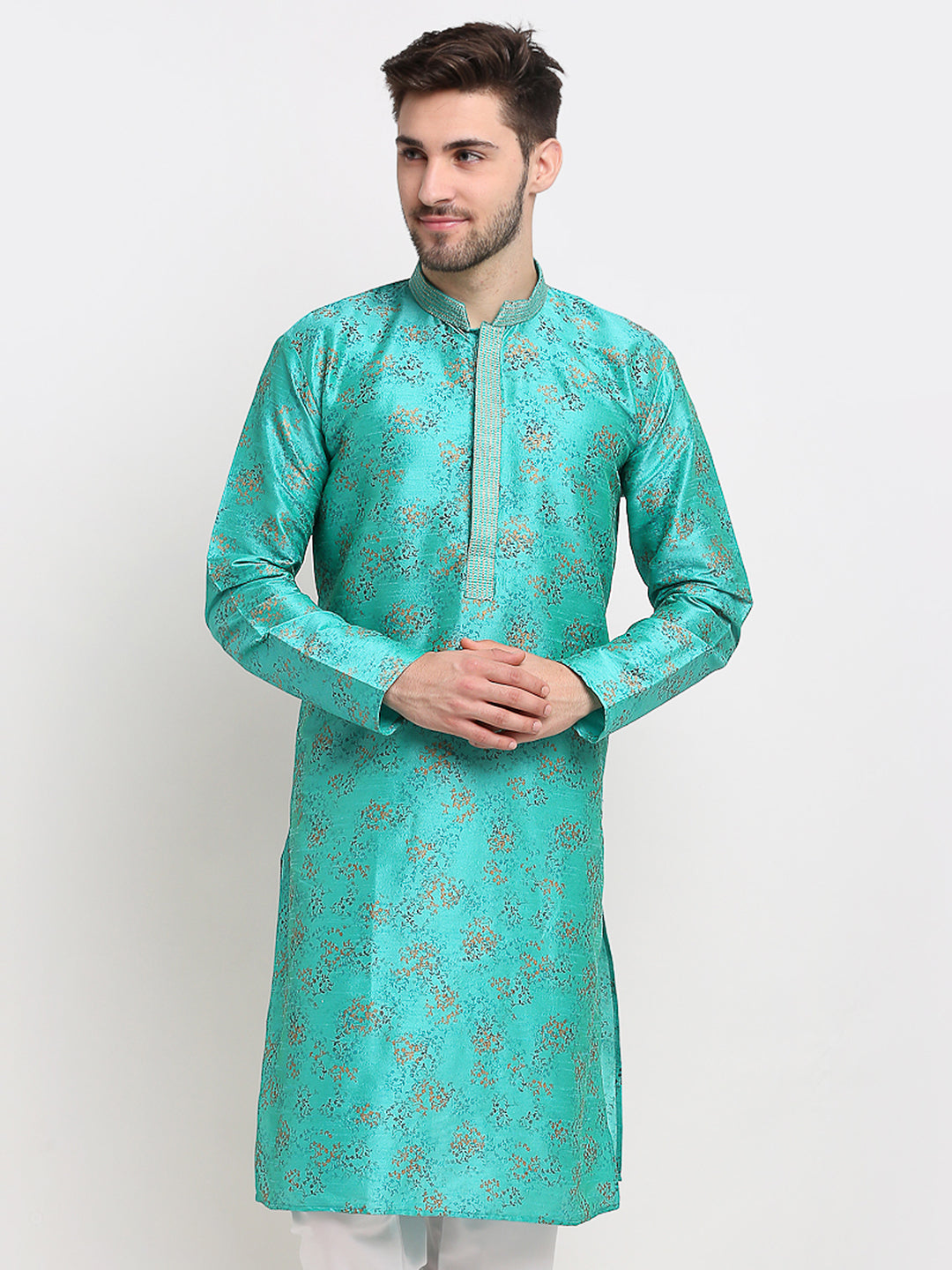 Jompers Men's Green Dupion Printed Kurta Only