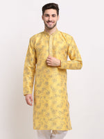 Thumbnail for Jompers Men's Yellow Dupion Printed Kurta Only