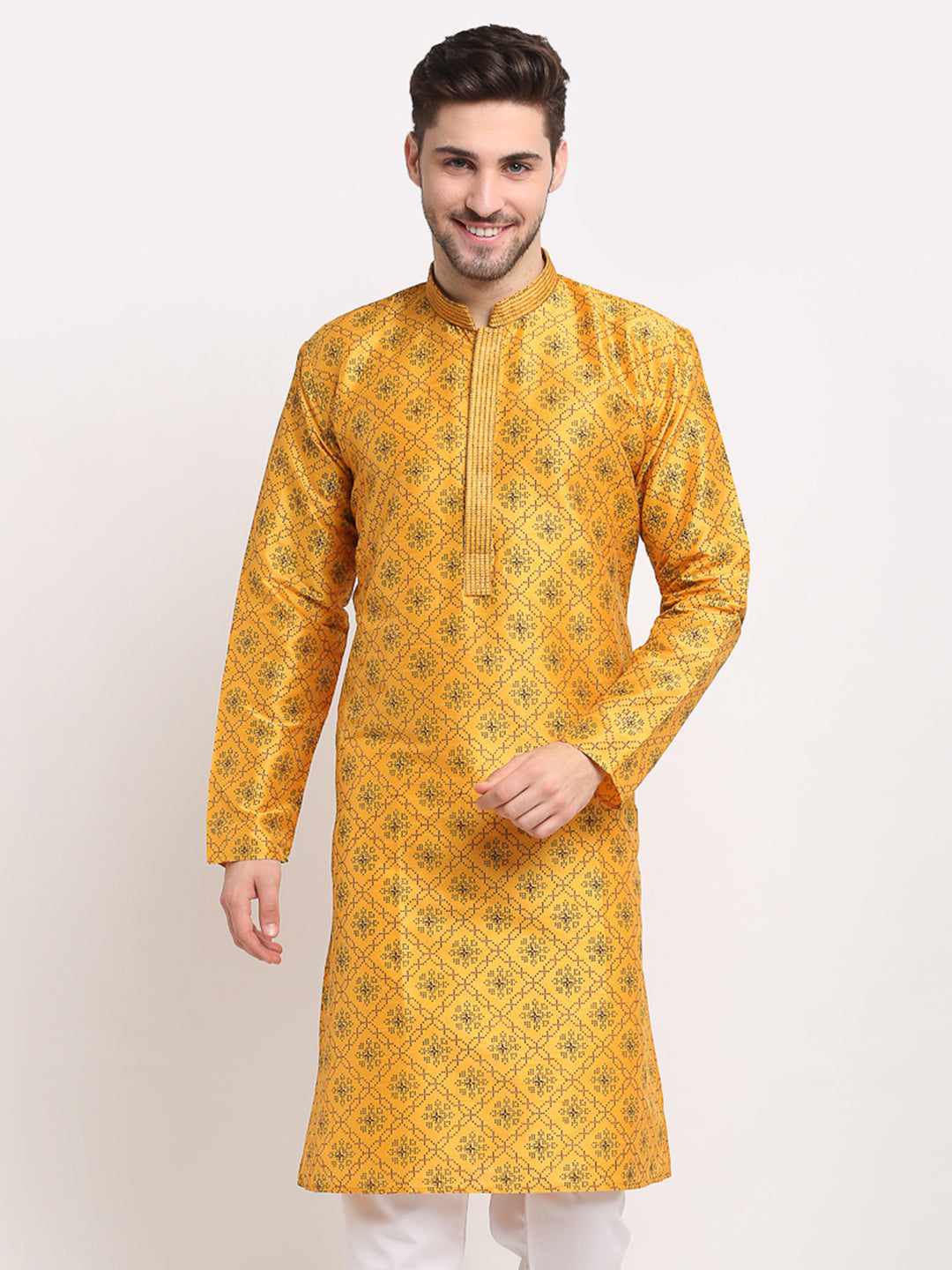 Jompers Men's Beautiful Mustard Woven Kurta Only