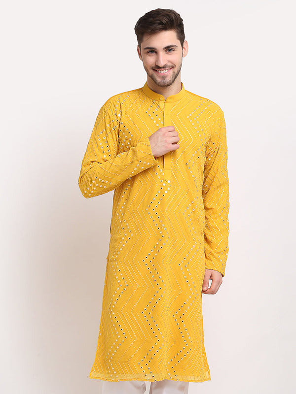 Jompers Men's Mustard Printed Mirror Kurta Only