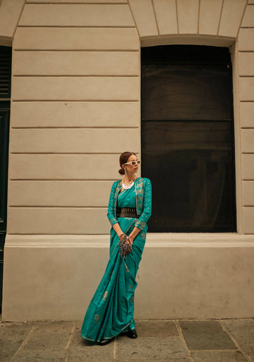 Pacific Blue Weavead Thread & Zari Work, Handloom Weaving Banarasi Satin Silk Saree - Rajtex Kronicle Silk - Distacart