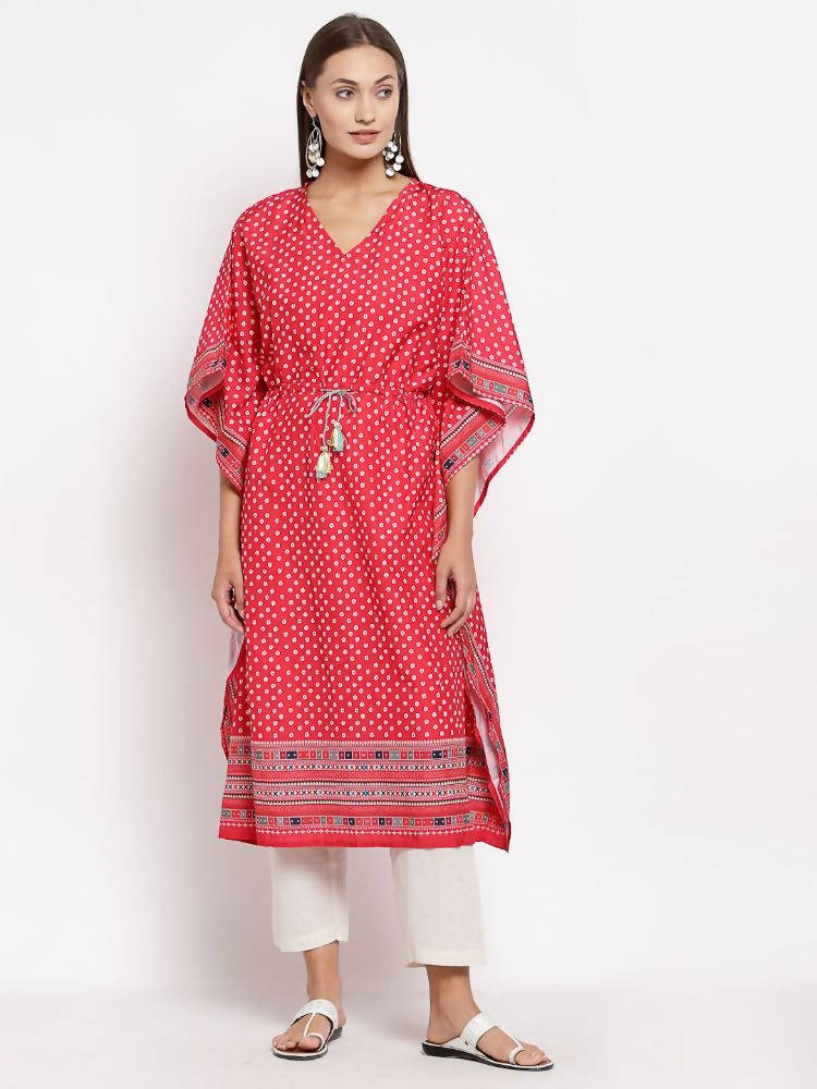 Myshka Women's Red Cotton Printed 3/4 Sleeve V Neck Casual Kaftan