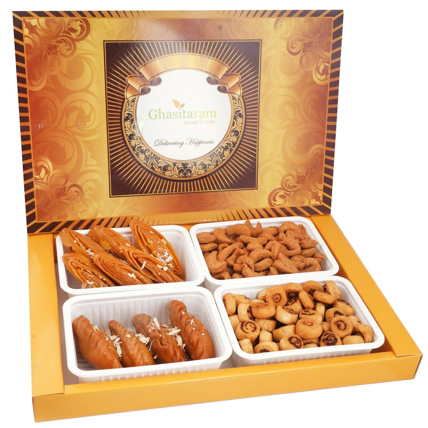 Ghasitaram Big Box of Gujiyas, Khaja, Gujiya Namkeen and Bhakar Wadi - Distacart