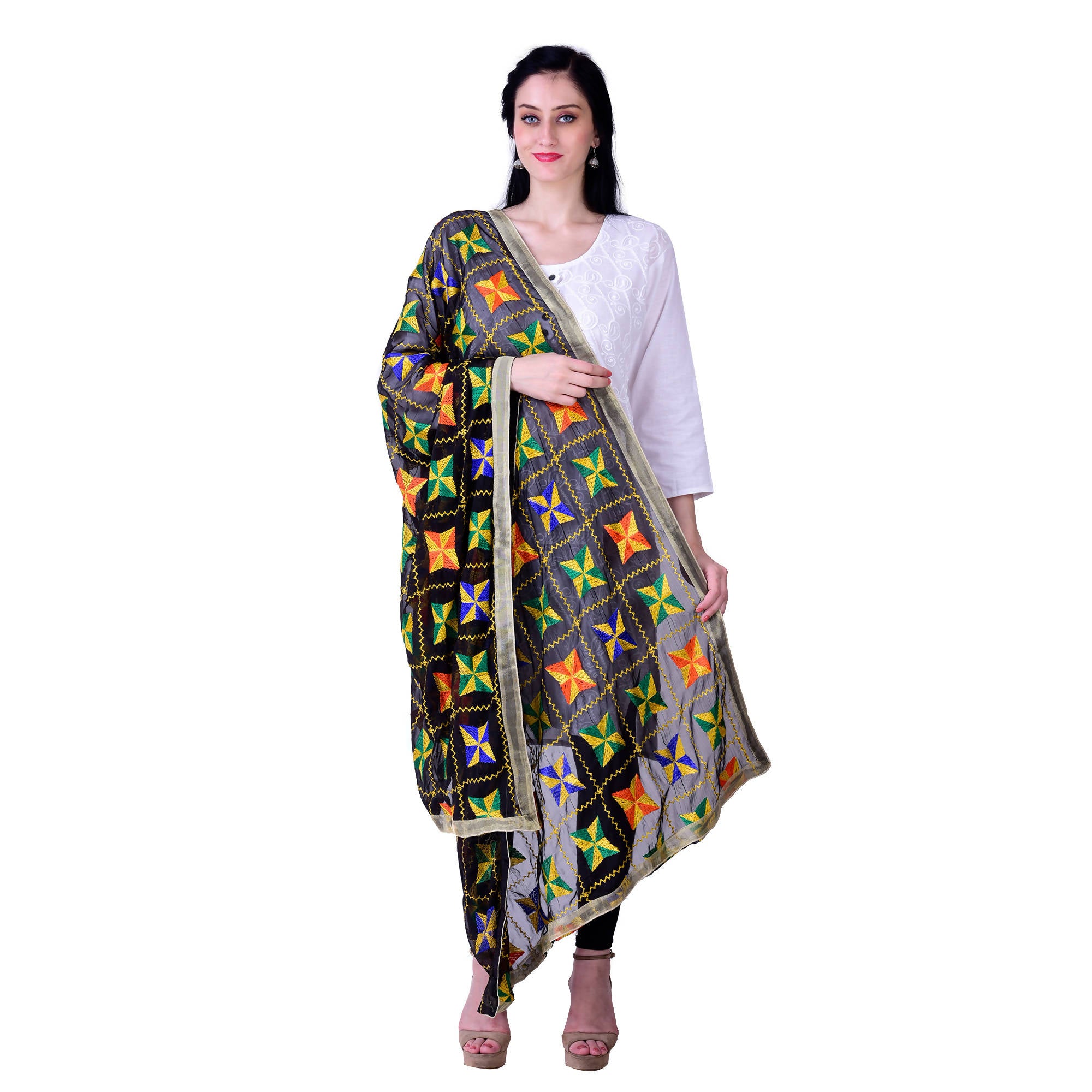 SWI Stylish Women's Embroidered Phulkari Chiffon Black Dupatta