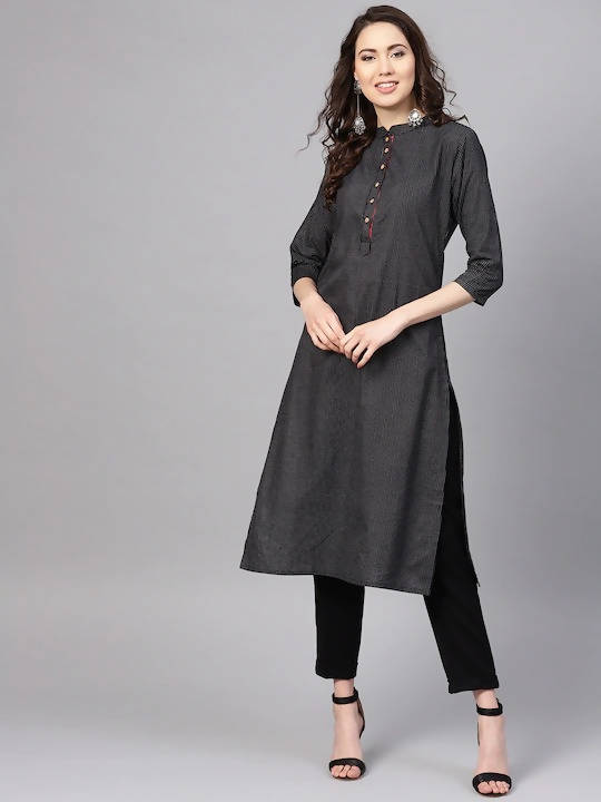 Myshka Women Black & White Striped Straight Kurta - Distacart