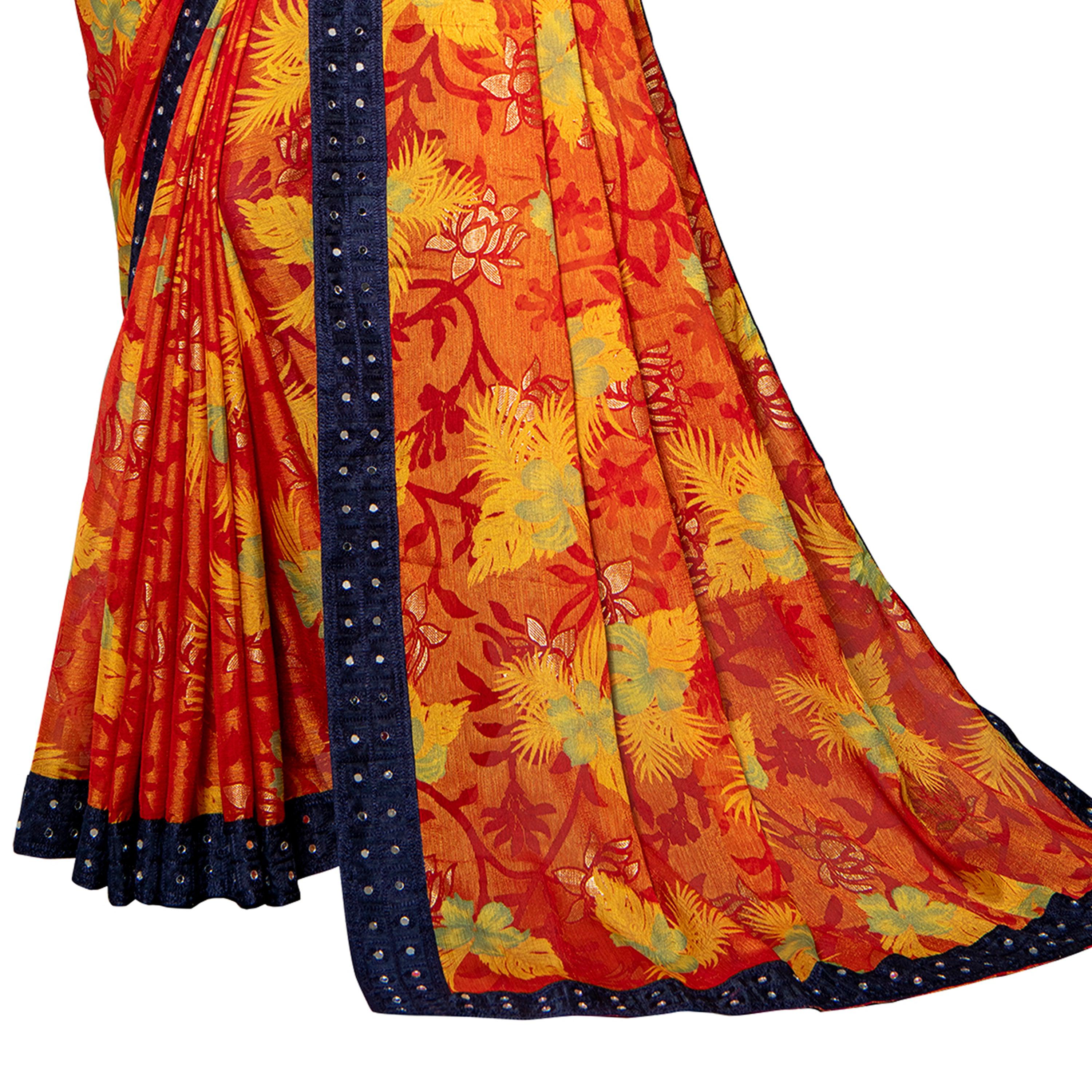 Vamika Multi Color Designer Chiffon Brasso Saree With Mirror Work Lace - Distacart