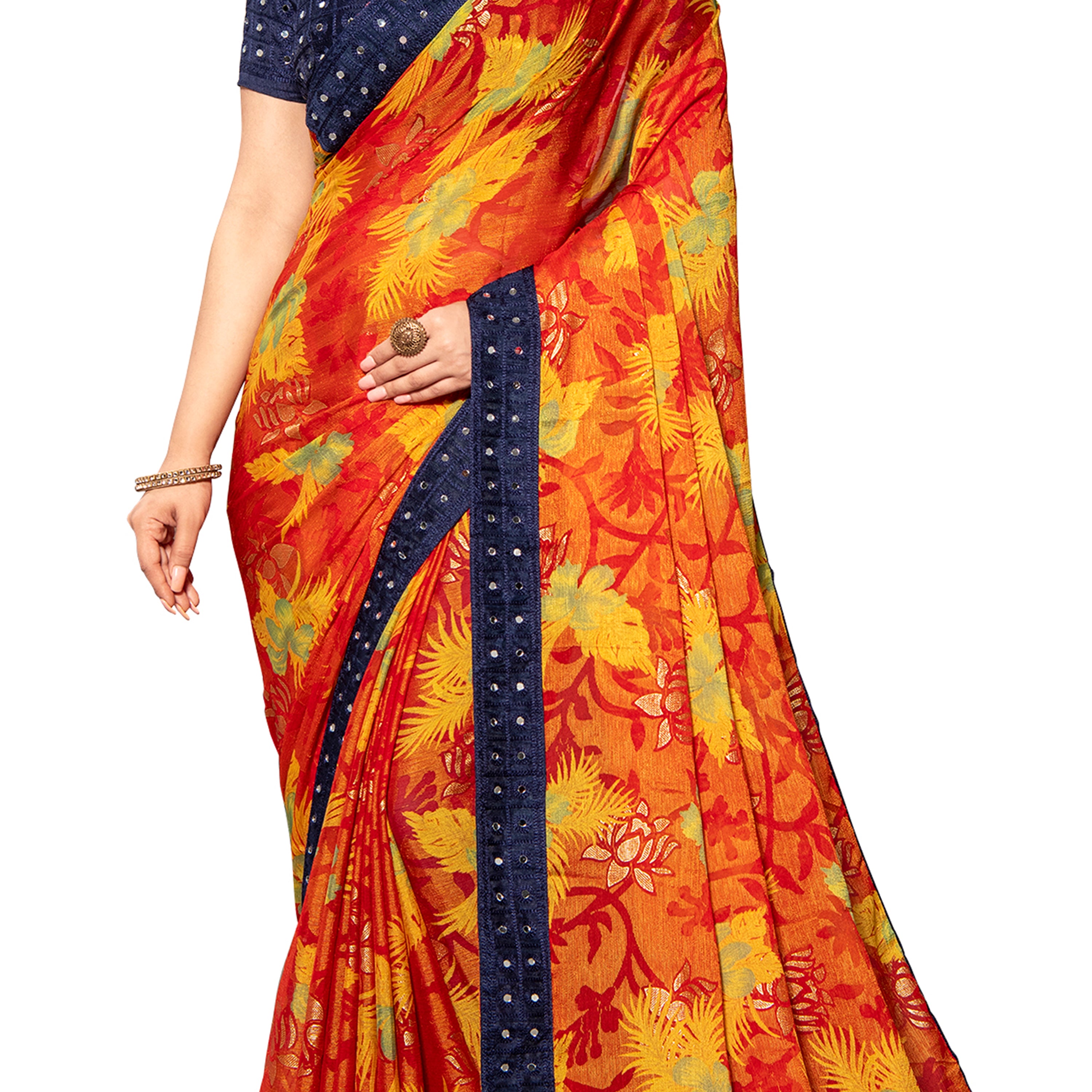 Vamika Multi Color Designer Chiffon Brasso Saree With Mirror Work Lace - Distacart