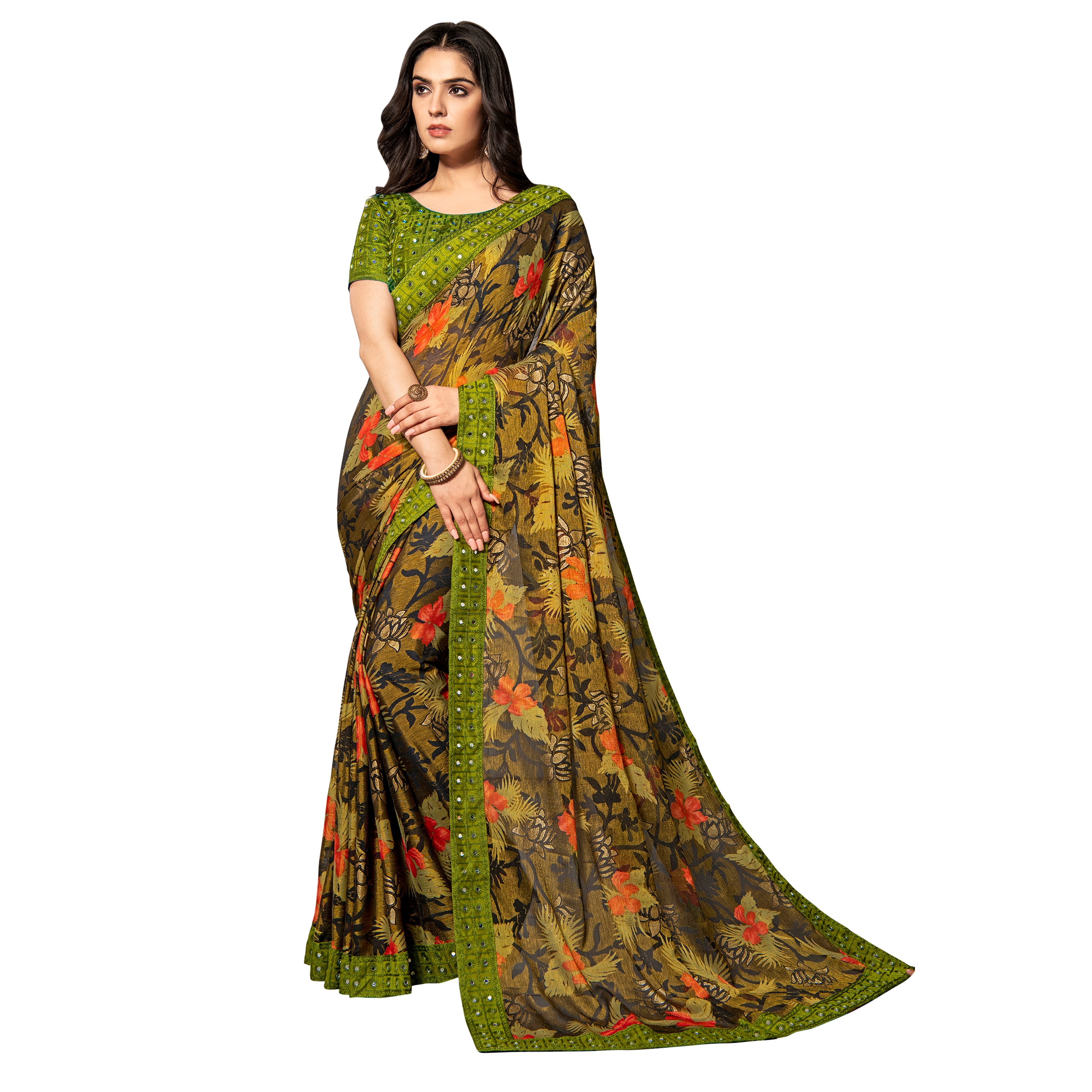 Vamika Multi Color Designer Chiffon Brasso Saree With Mirror Work Lace - Distacart