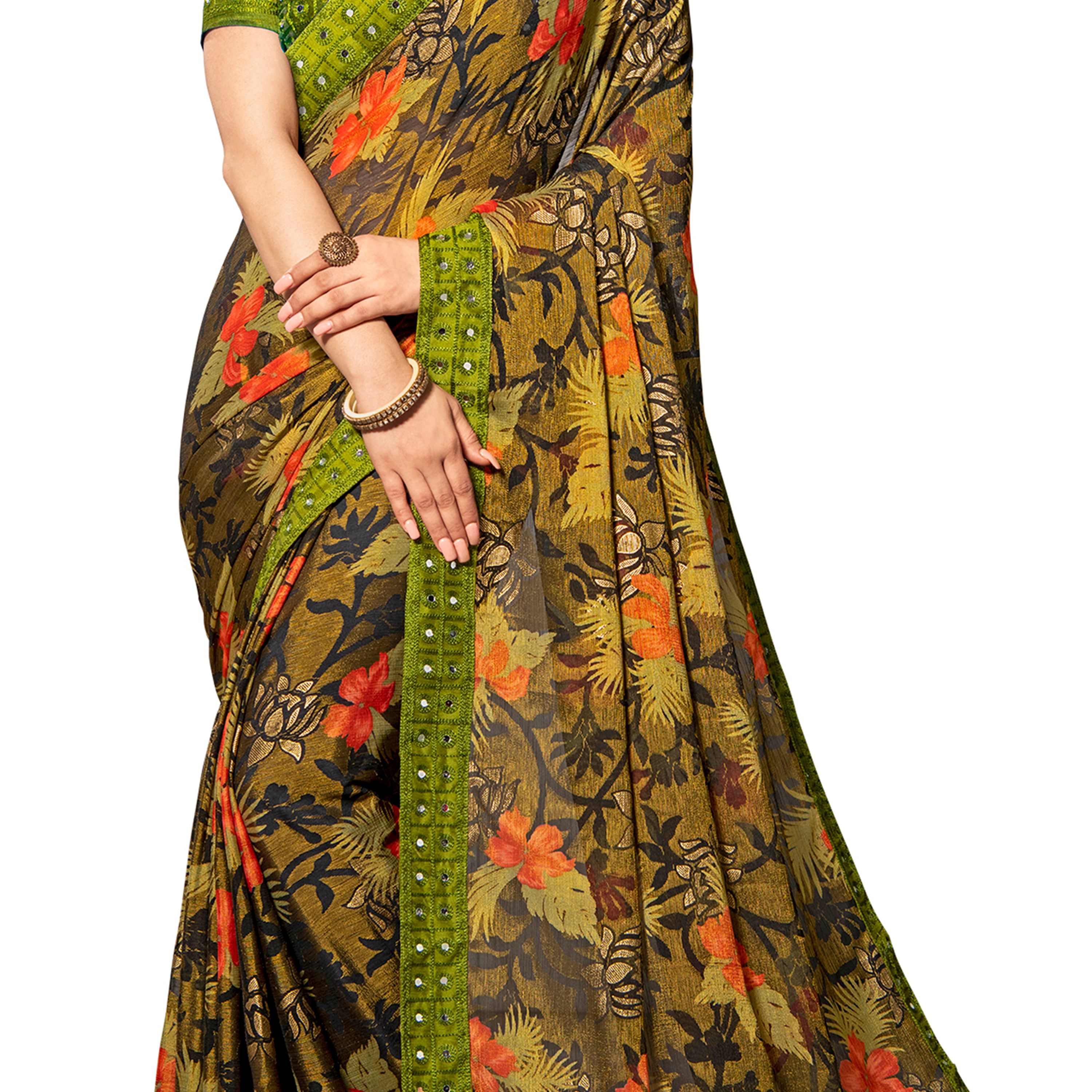 Vamika Multi Color Designer Chiffon Brasso Saree With Mirror Work Lace - Distacart