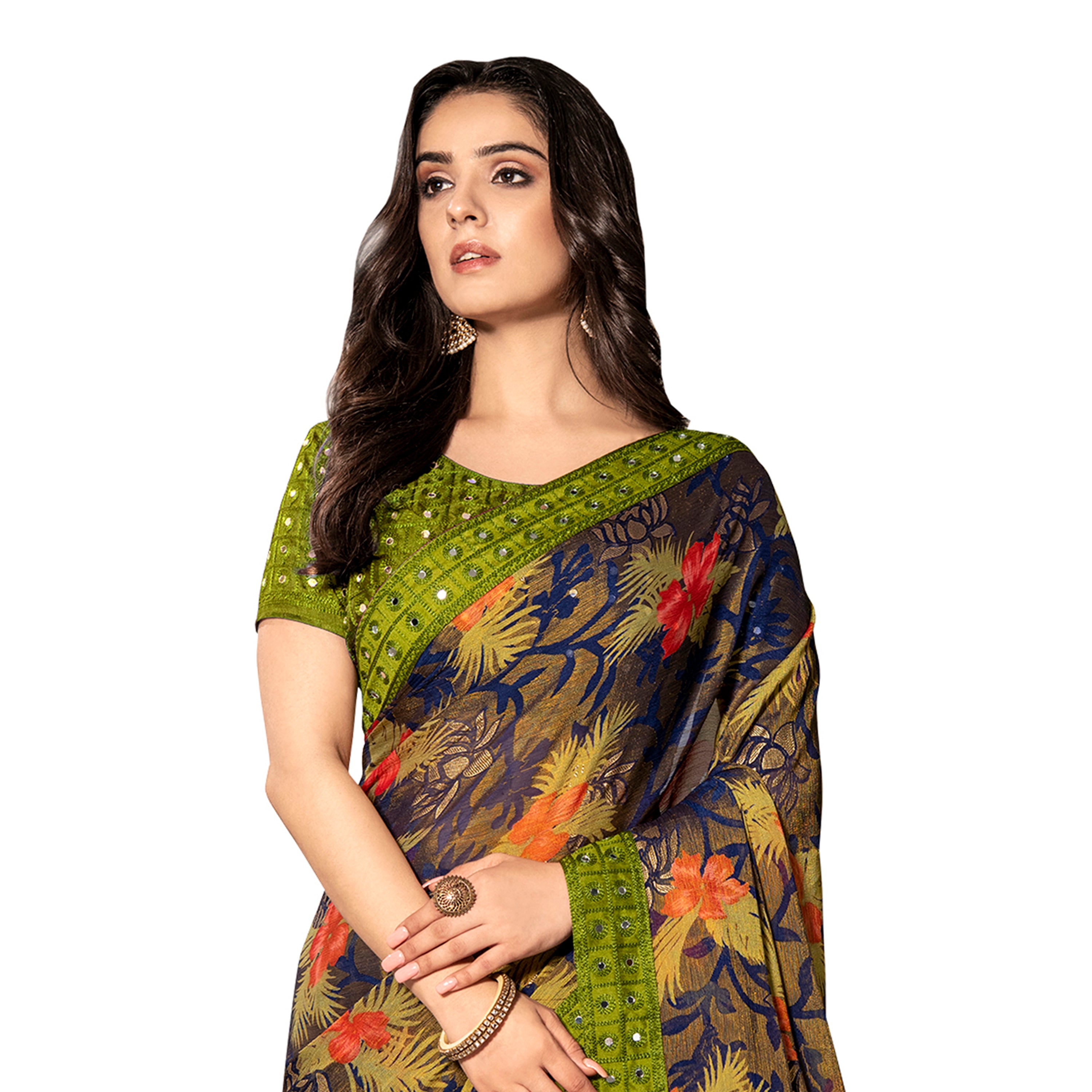Vamika Multi Color Designer Chiffon Brasso Saree With Mirror Work Lace - Distacart