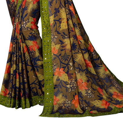 Vamika Multi Color Designer Chiffon Brasso Saree With Mirror Work Lace - Distacart