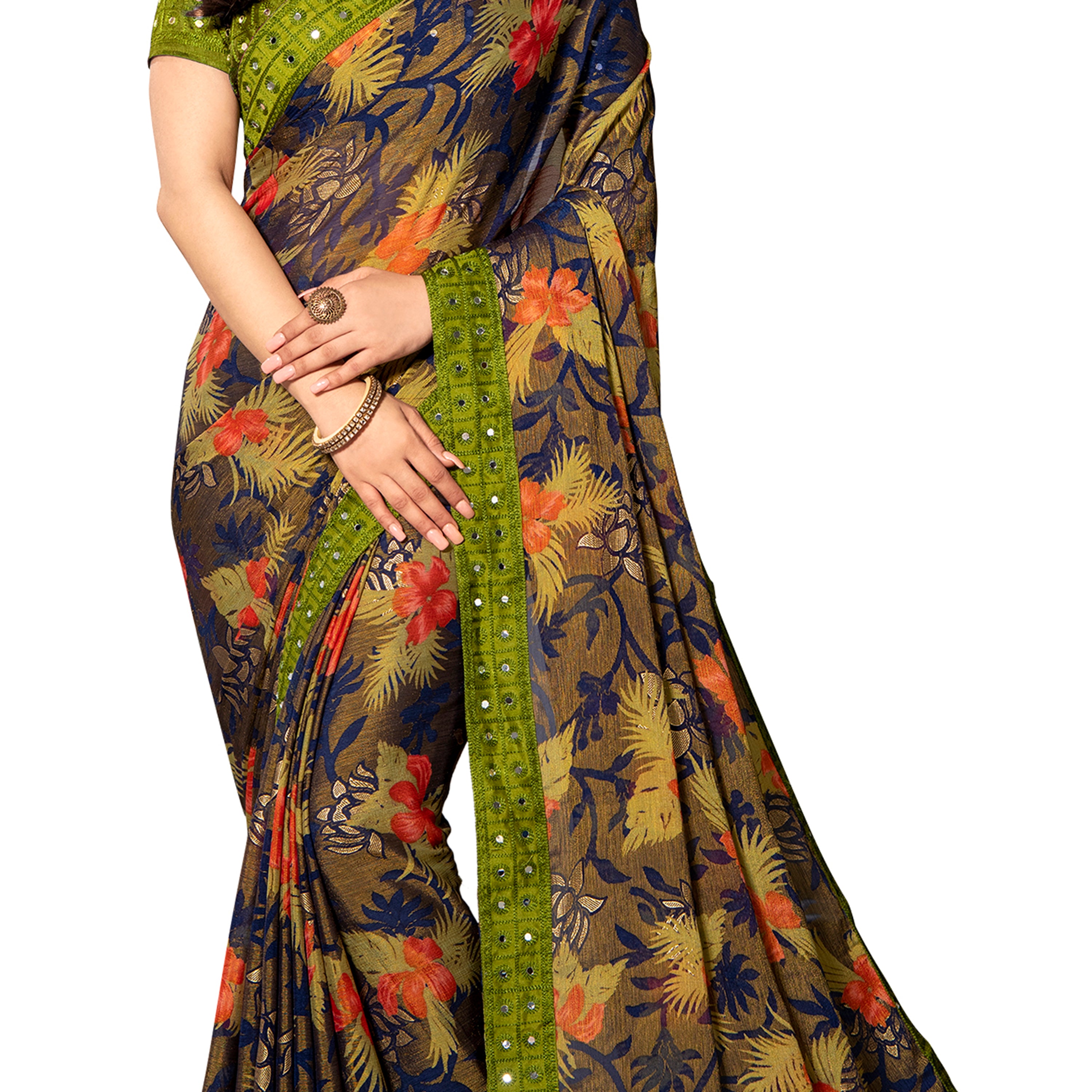 Vamika Multi Color Designer Chiffon Brasso Saree With Mirror Work Lace - Distacart