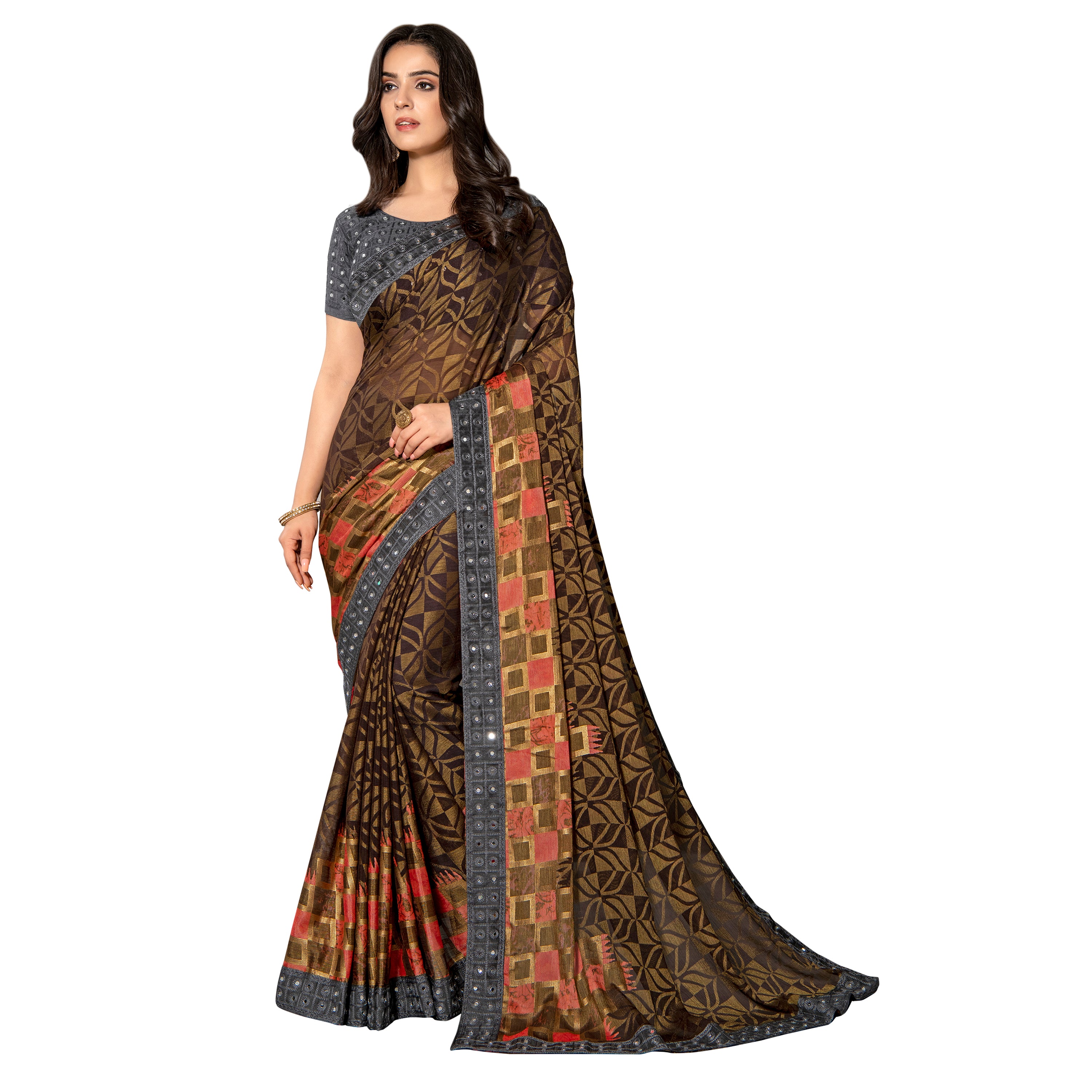 Vamika Brown Designer Chiffon Brasso Saree With Mirror Work Lace - Distacart