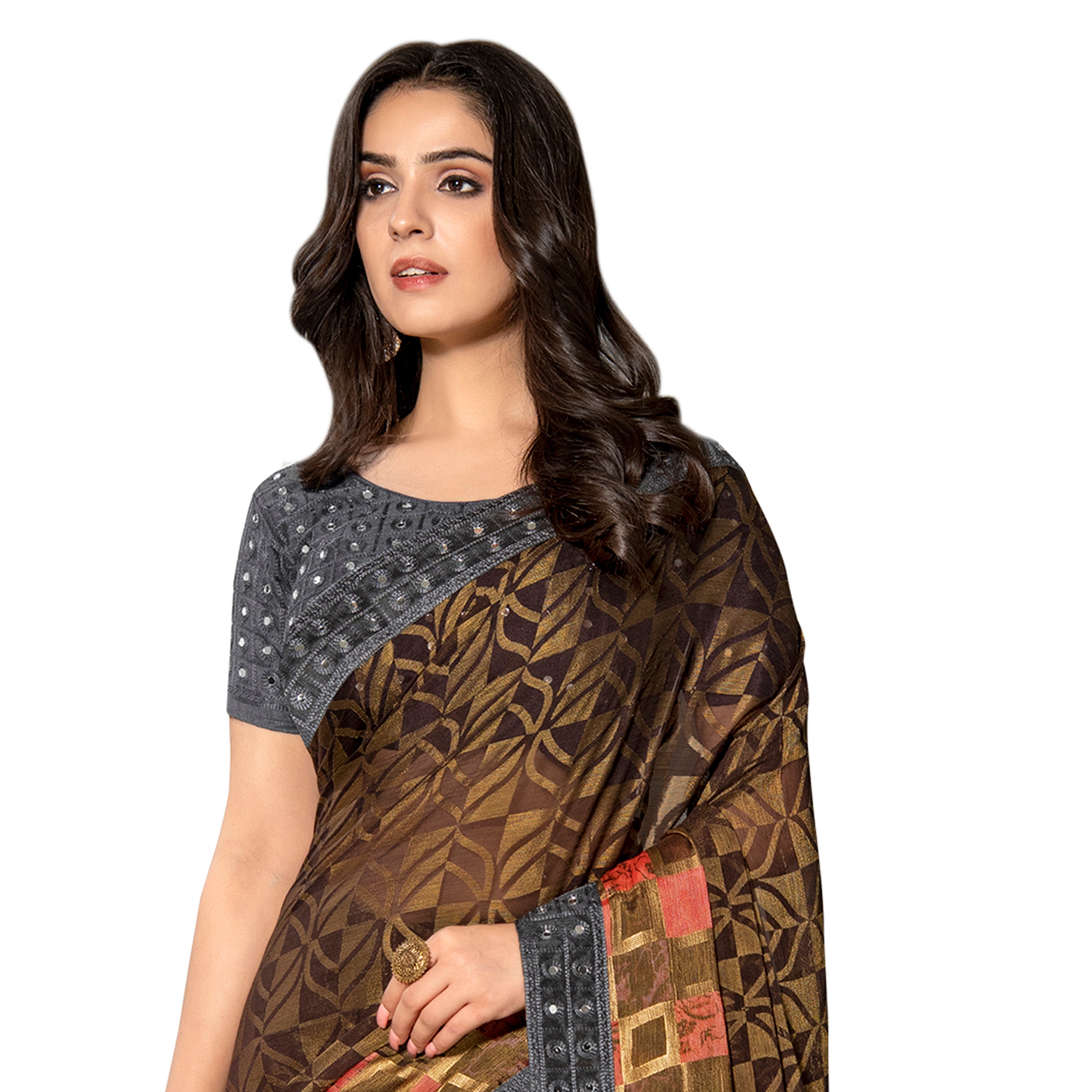 Vamika Brown Designer Chiffon Brasso Saree With Mirror Work Lace - Distacart