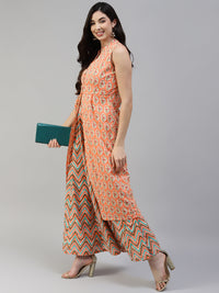 Thumbnail for NOZ2TOZ Women's Peach Printed High Slit Pure Cotton Sleeveless Kurta with Skirt - Distacart