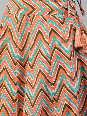 NOZ2TOZ Women's Peach Printed High Slit Pure Cotton Sleeveless Kurta with Skirt - Distacart