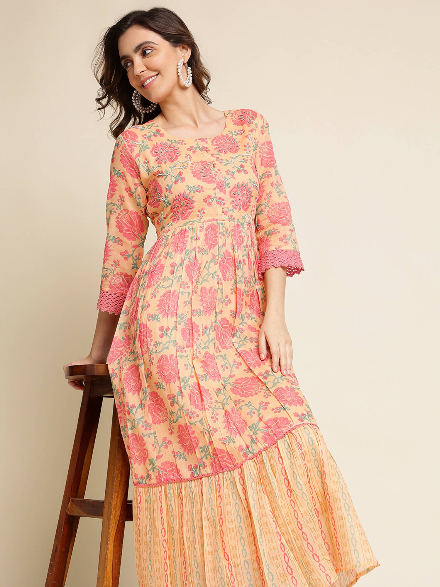 Peach Cotton Floral Printed Fit & Flare Dress - Yukti - Distacart