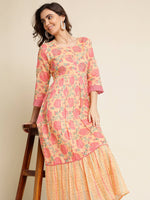 Thumbnail for Peach Cotton Floral Printed Fit & Flare Dress - Yukti - Distacart