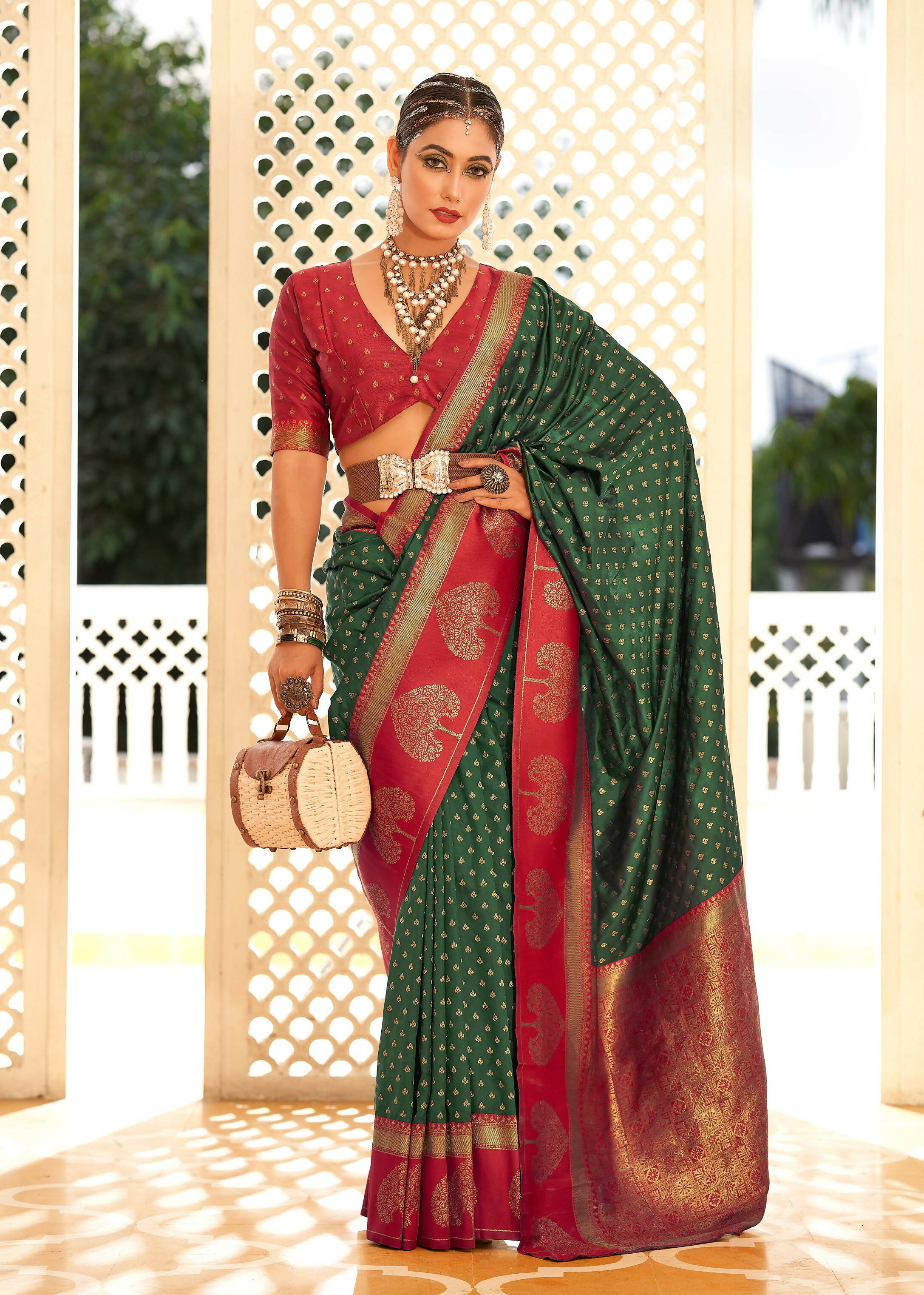 Green Soft Banarasi Paithani Copper Zari Weaving Saree With Unstitched Blouse Piece - Jodha - Distacart