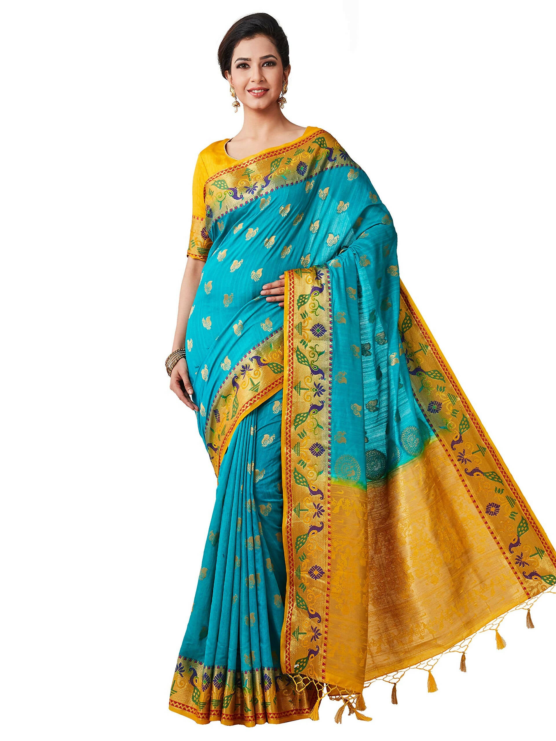 Mimosa Women's Turquoise Kanchipuram Silk Saree - Distacart