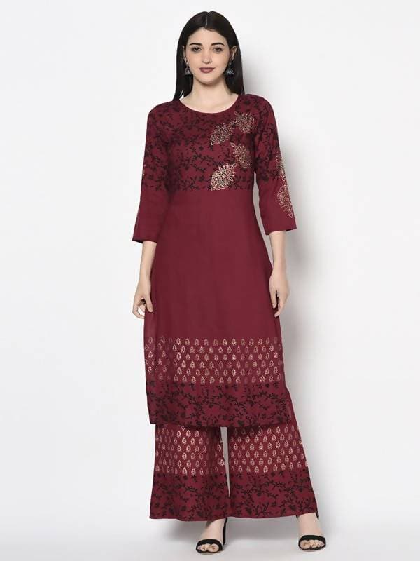 Aniyah Rayon Maroon Color Block Print Straight Kurta Palazzo Set (AN-184K)