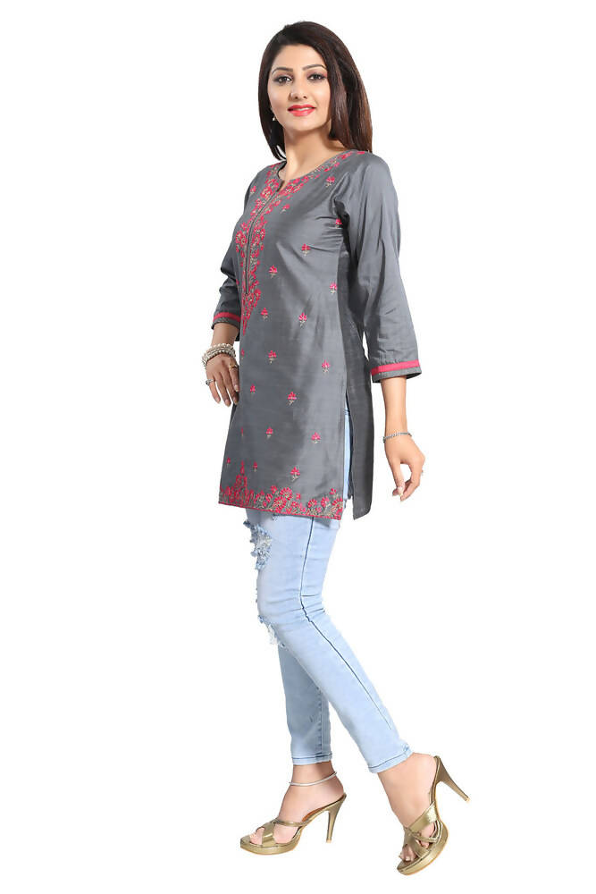 Snehal Creations Elegant Gray Short and Straight Raw Silk Tunic
