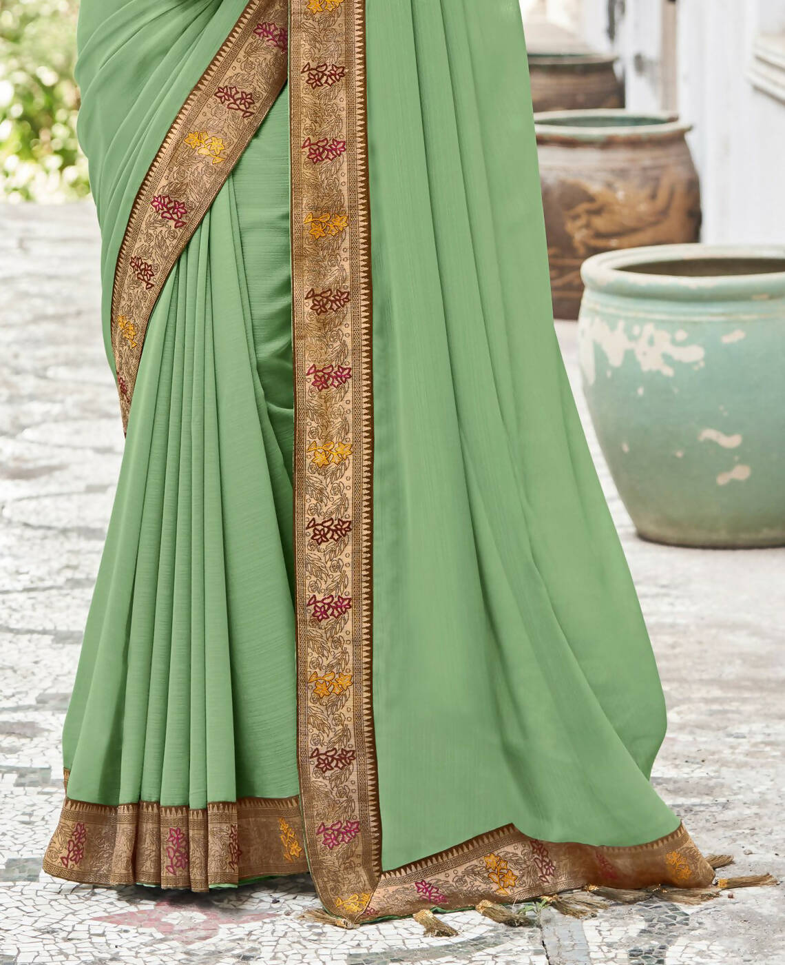 Green Vichitra Solid Saree With Unstitched Blouse Piece - Juhi - Distacart