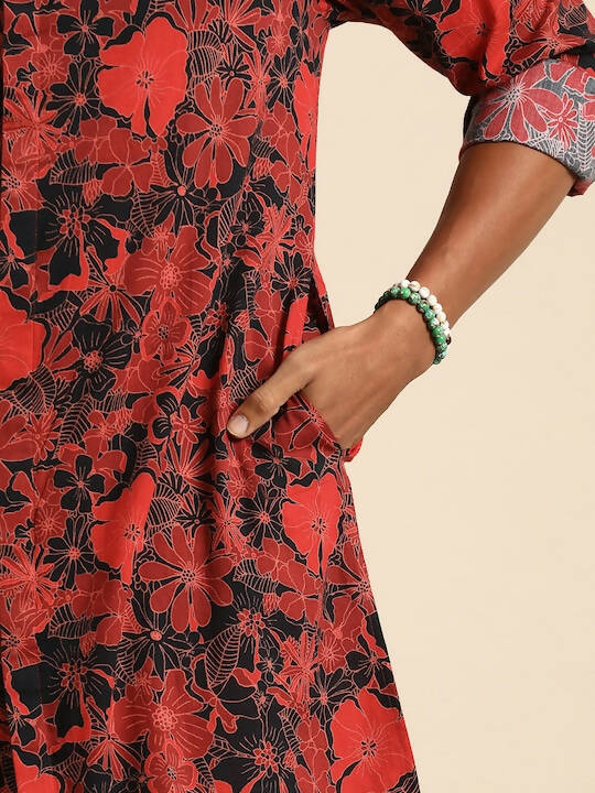 Red & Black Men pure Cotton Floral Printed Straight Kurta - Mahotsav - Distacart