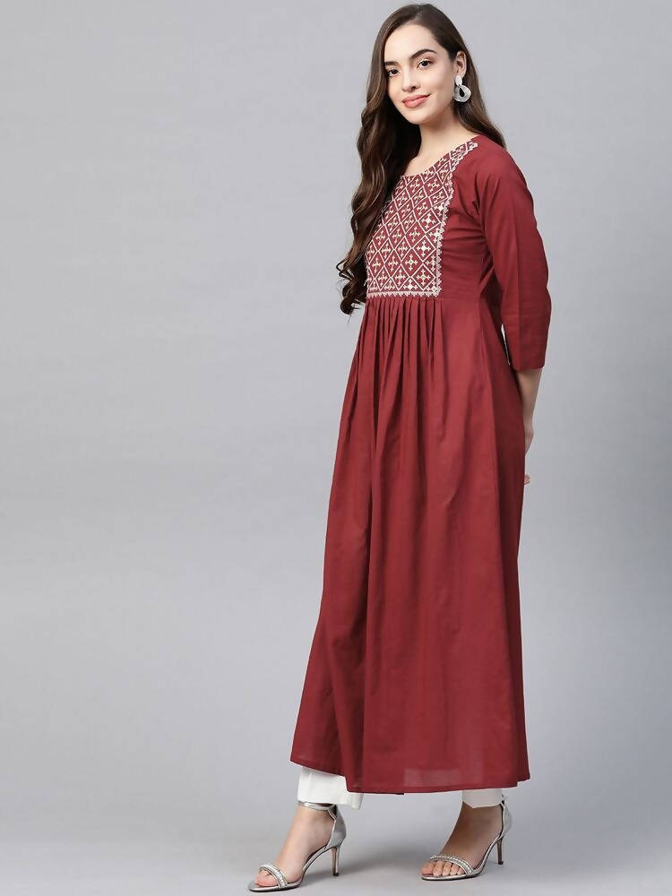 Yufta Women Rust Red & White Embroidered Mirror Work Yoke Design Cotton A-Line Dress