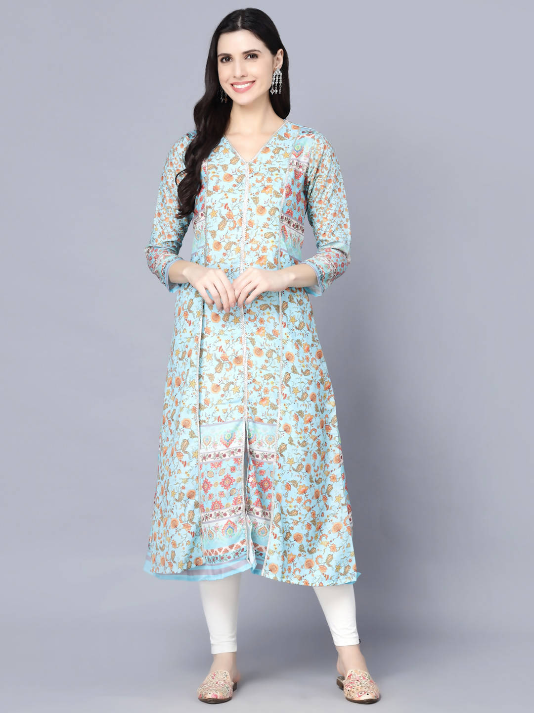 Myshka Women Blue Floral Printed Thread Work Anarkali Kurta - Distacart