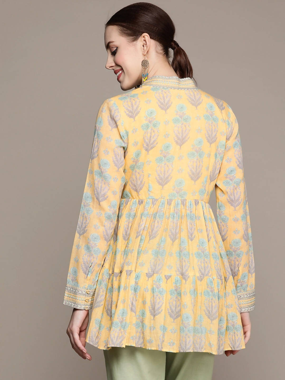 Ritu Kumar Women Yellow & Green Ethnic Printed Pure Cotton Tiered Kurti - Distacart