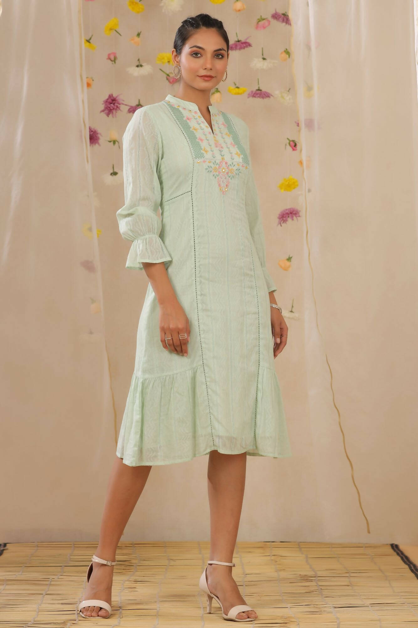 Juniper Women Sagegreen Cotton Dobby Woven Design A-Line Dress - Distacart