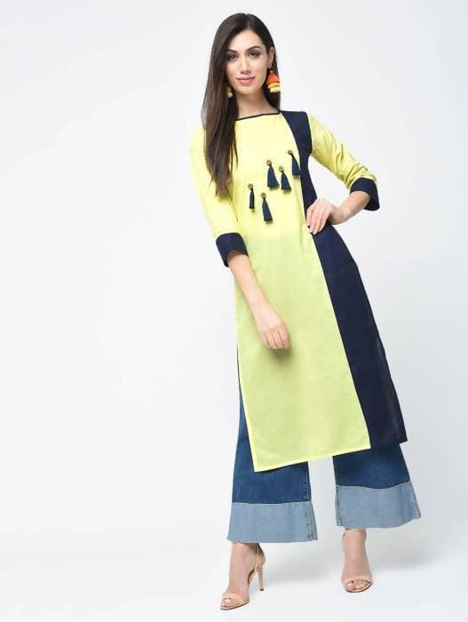 Aniyah Cotton Color Block Yellow Straight Kurta With Tassels (AN-103K)