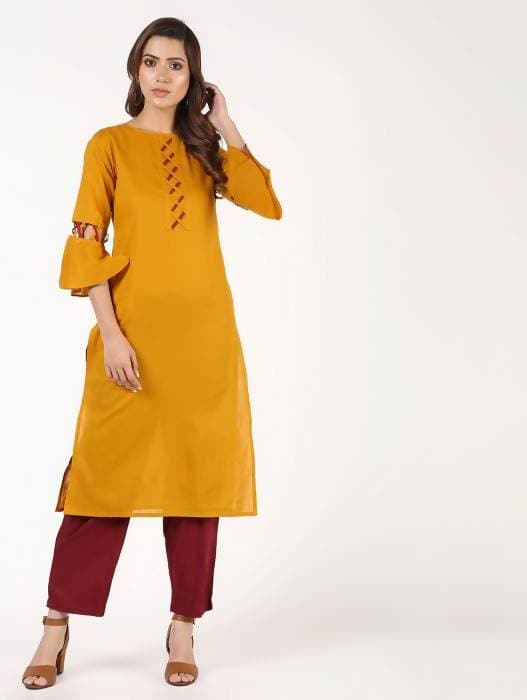 Aniyah Cotton Criss Cross Bell Sleeves Straight Mustard Color Kurta (AN-146K)