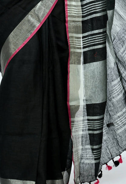 Mominos Fashion Moeza Pure Linen Black Saree