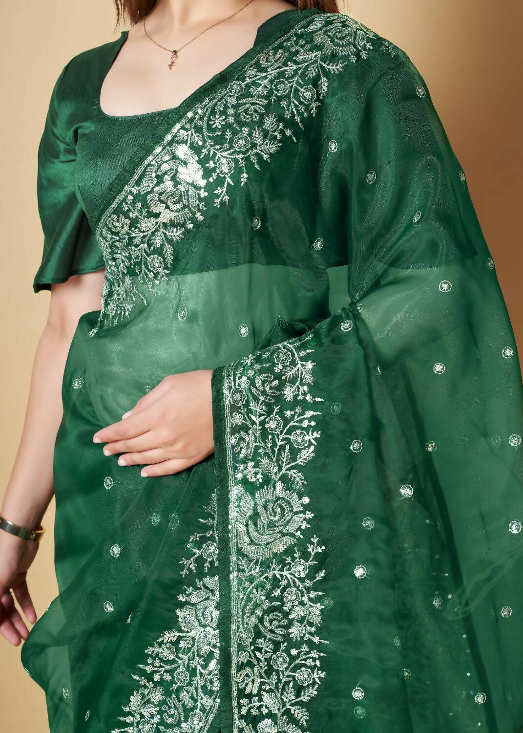 Vamsee Green Organza Saree - Distacart