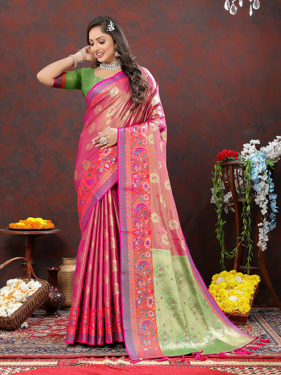 Lorenvalley Fashion Magenta Kanjivaram Silk Woven Design with Zari Weaving Saree - Distacart