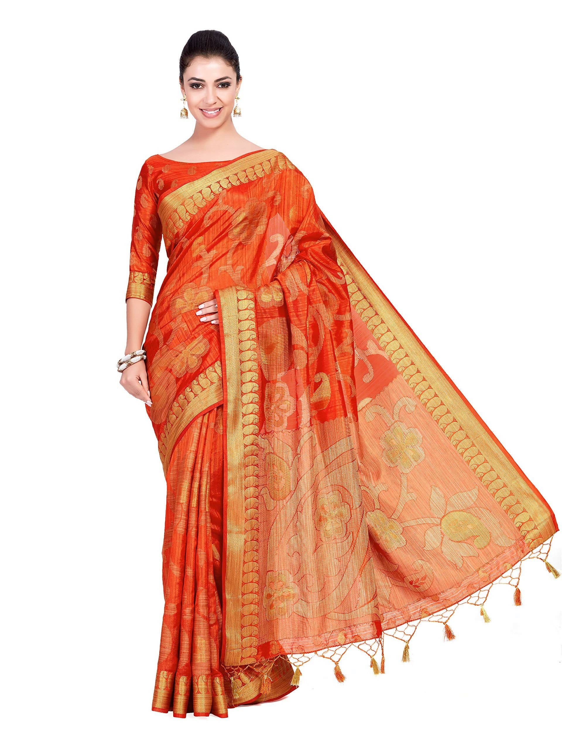 Mimosa Women's Kanchipuram Art Silk Orange Saree - Distacart