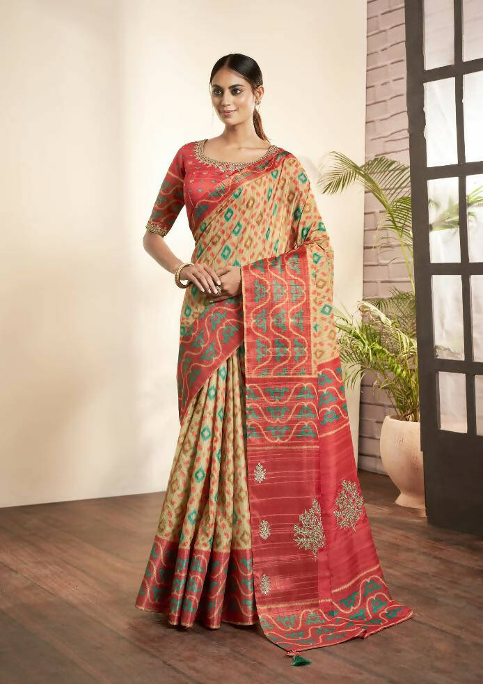 Beige Bhagalpuri Silk Woven design with Hand work butta Saree - Norita Nirvi - Distacart