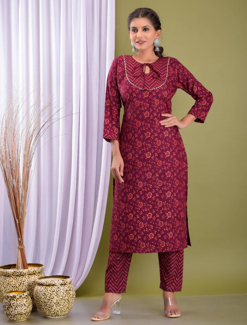 Vamika Foil Print Rayon Wine Red Party Wear/Casual Wear Kurta Set/Suit - Distacart