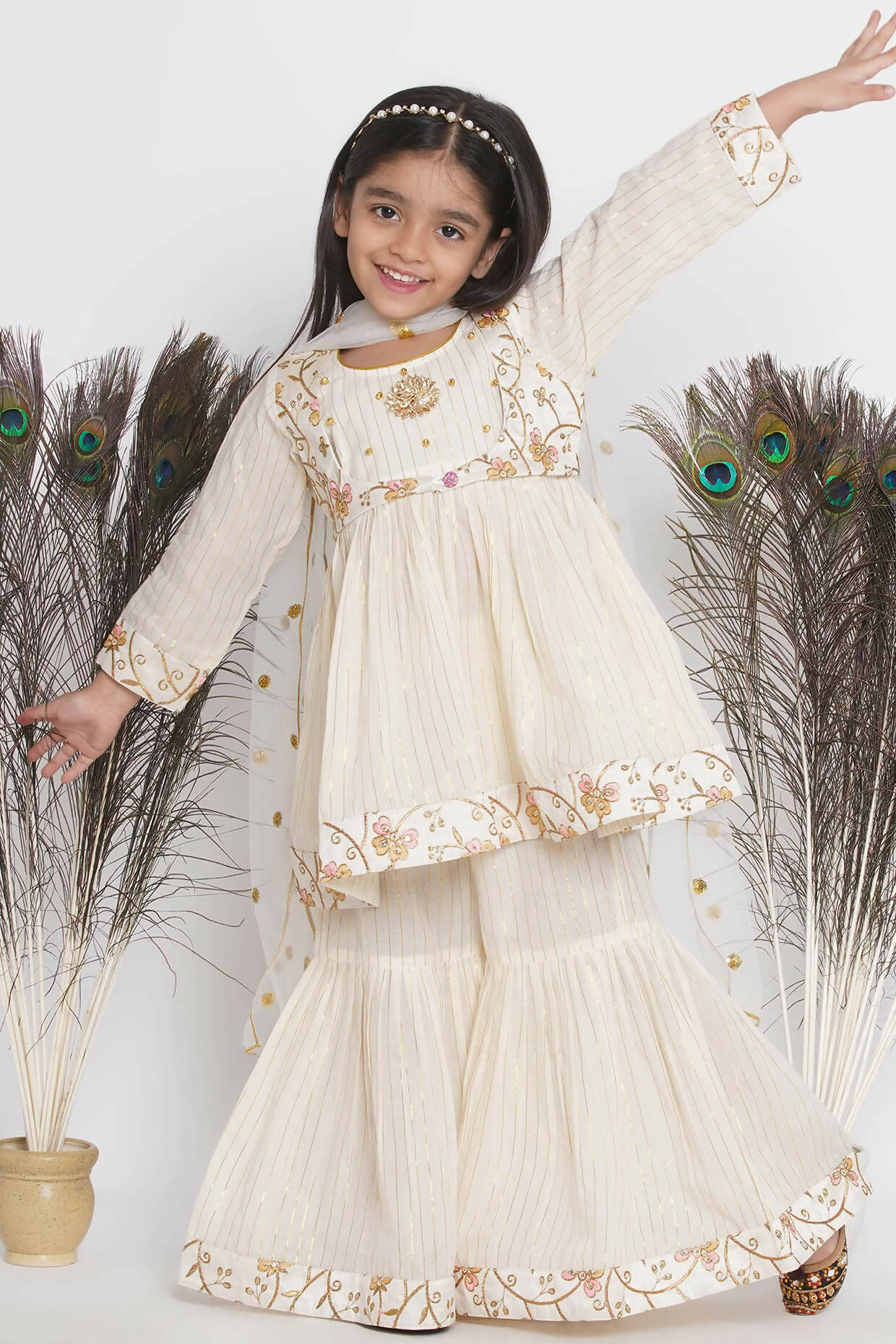 Little Bansi Floral Embroidery Jacket With Cotton Lurex Frock Sharara And Dupatta With Ghungroo Handwork - Cream - Distacart