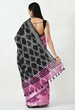 Thumbnail for Mominos Fashion Moeza Pink & Black Bhagalpuri Handloom Ikat Pure Cotton Saree with unstitched Blouse piece - Distacart