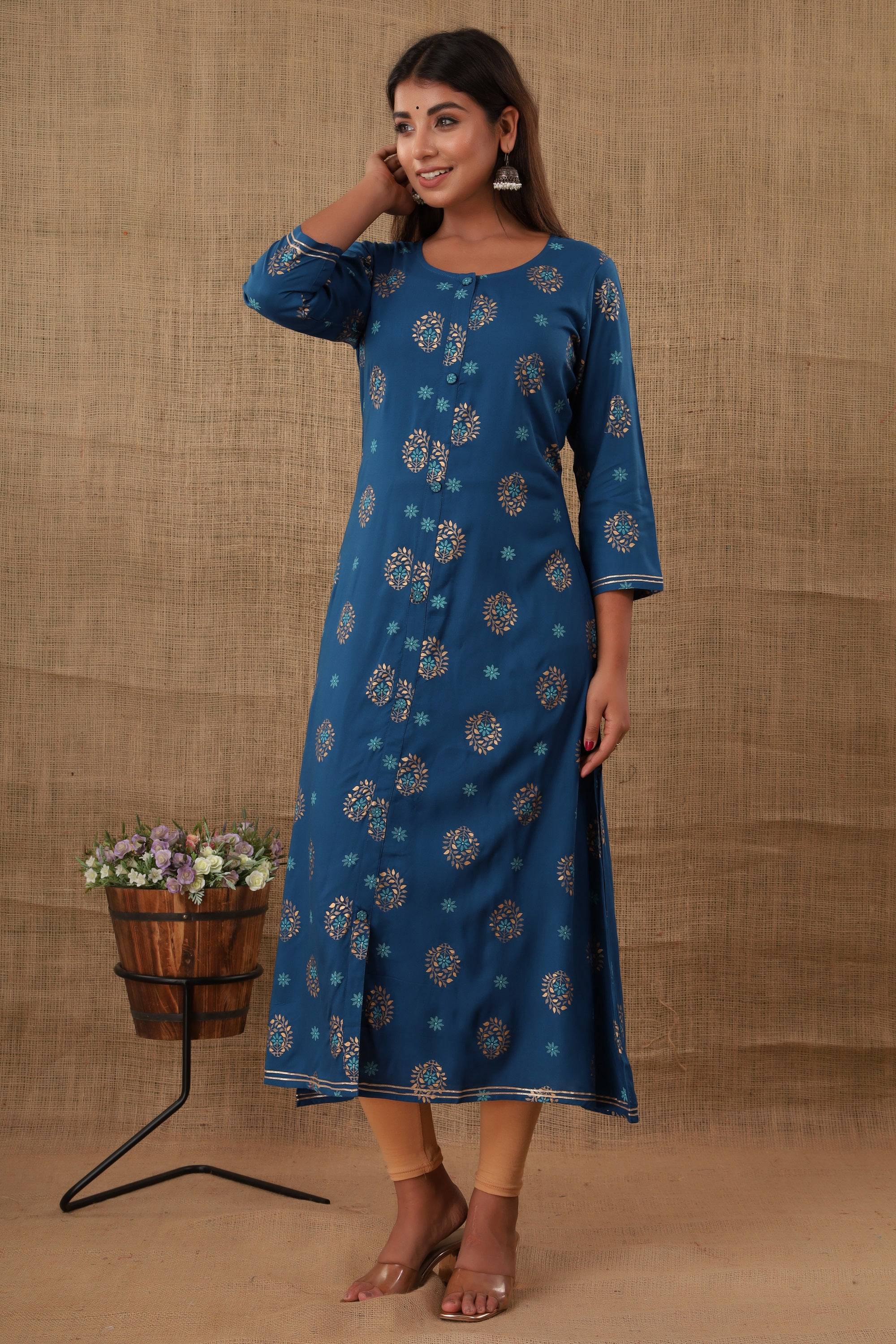 Kaajh Women's Blue Floral Print kurta - Distacart