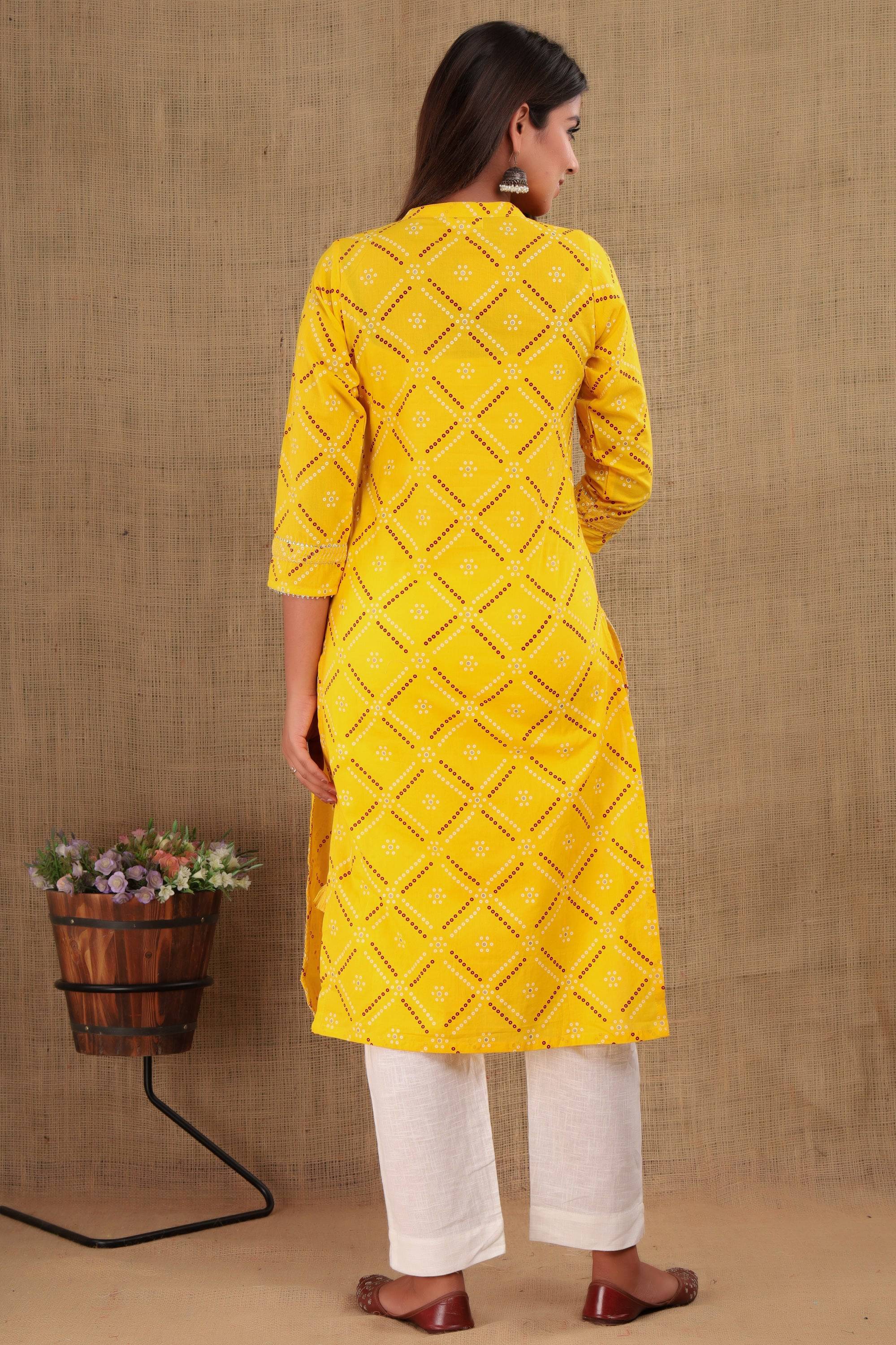 Kaajh Women's Yellow Bandhej Print Kurta Pant Set - Distacart