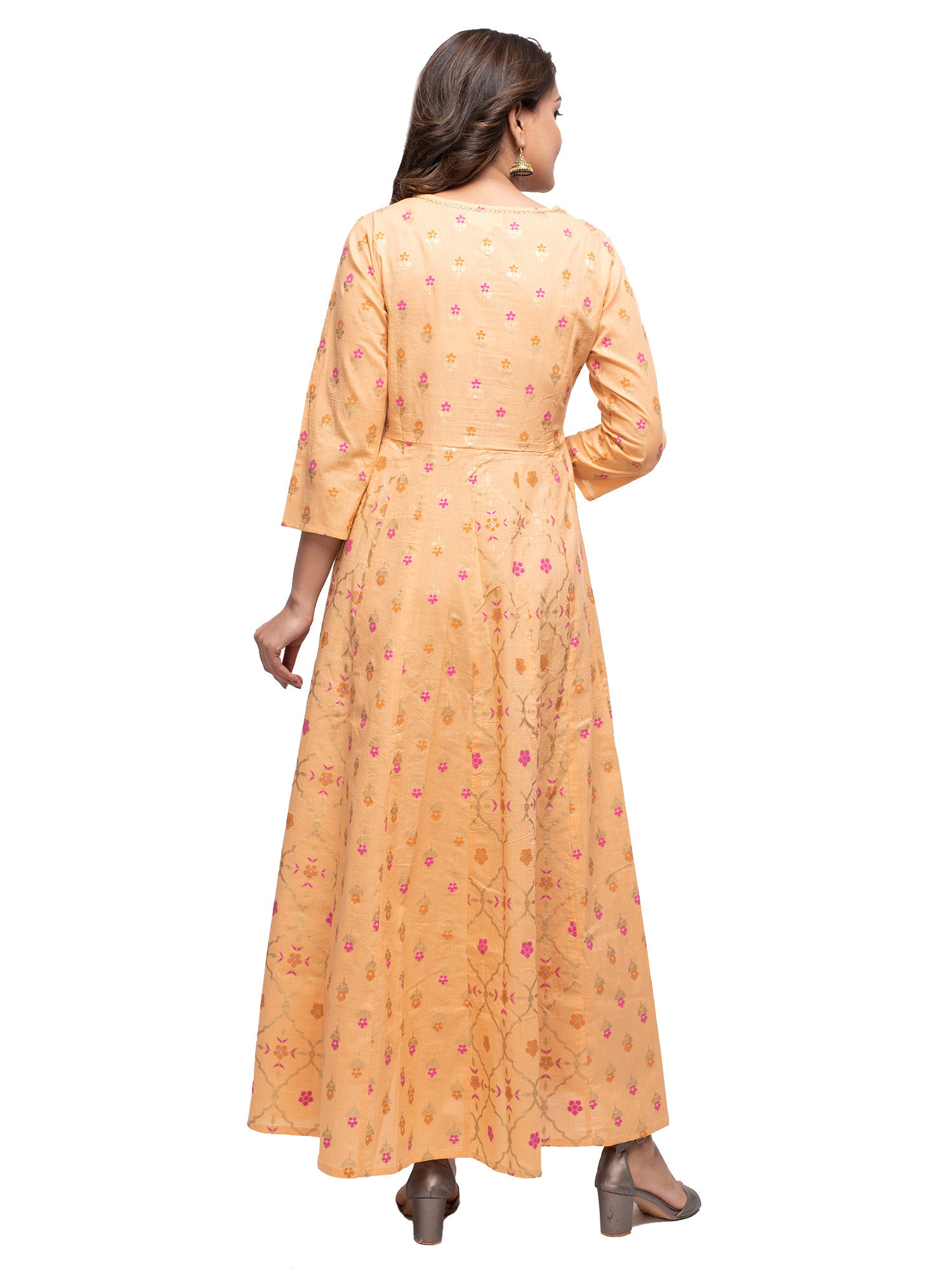 Kaajh Women's Orange Gold Print kurta - Distacart
