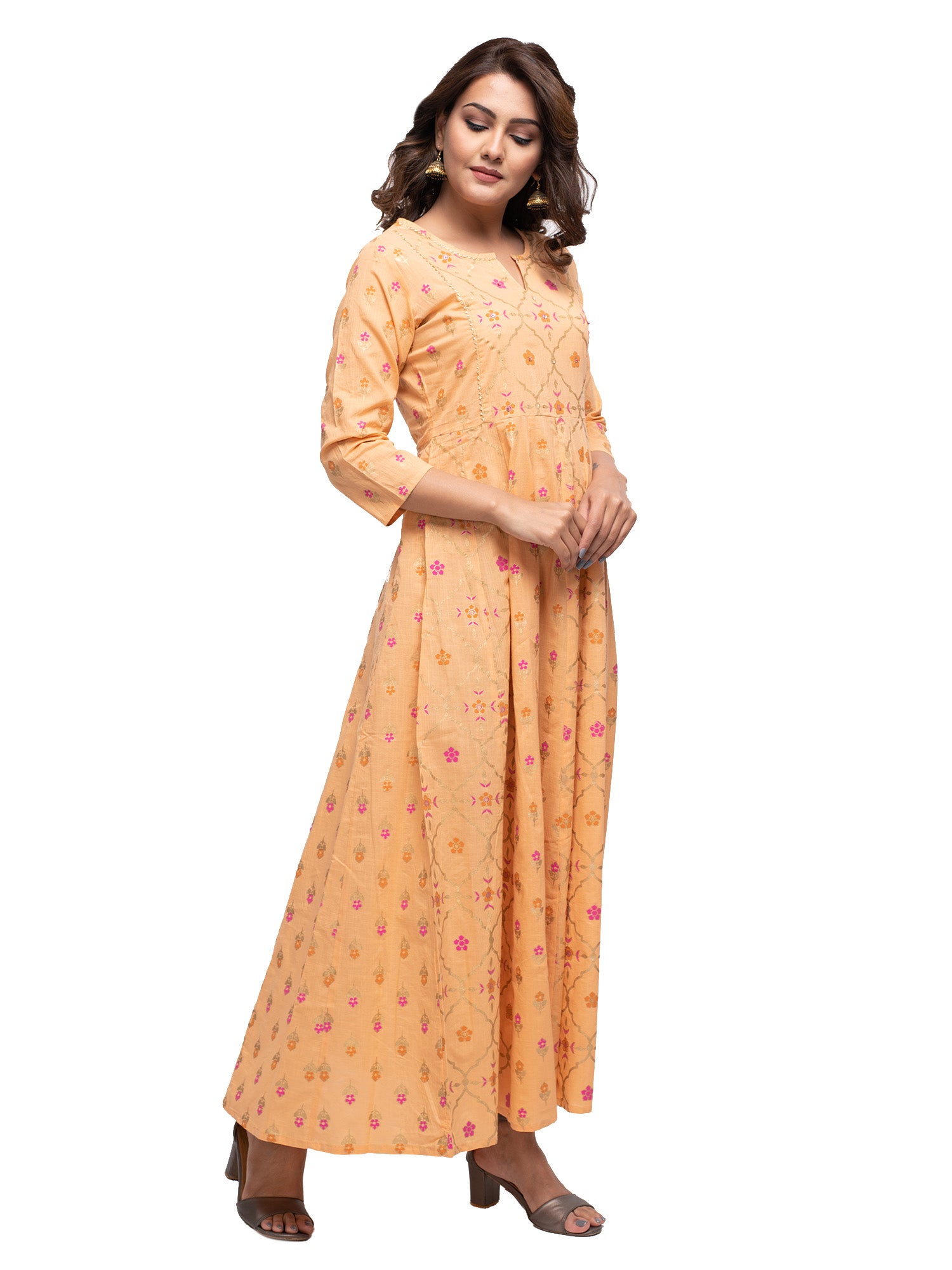 Kaajh Women's Orange Gold Print kurta - Distacart