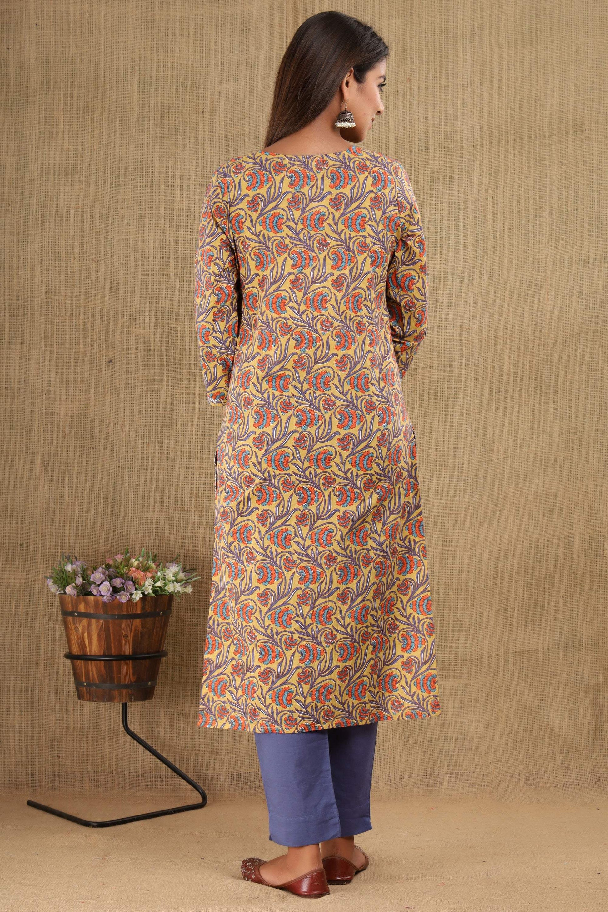 Kaajh Women's Blue Yellow Floral Print Suit Set - Distacart